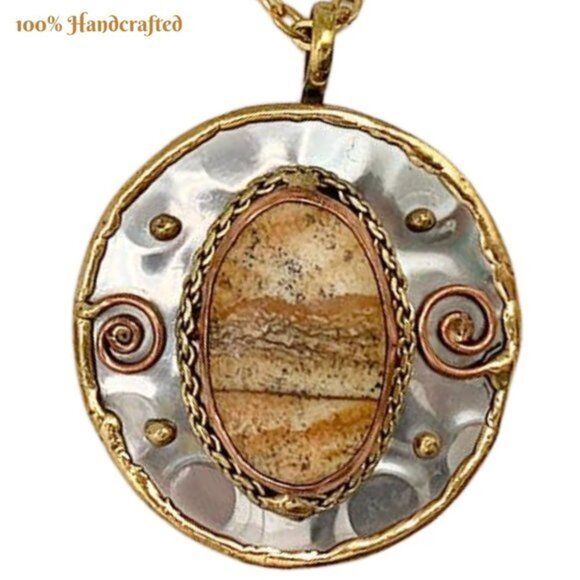 Natural Picture Agate Cabochon Necklace Hand Soldered Metalwork Artisan NWT - Picture 9 of 13